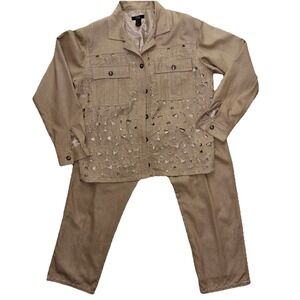 Neutral Natural 100%Silk Cut-Away Art-to-Wear M Jacket Blazer Pants Set Boho Hip